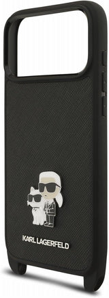 Karl Lagerfeld Saffiano Karl & Choupette Metal Pin Crossbody Strap Case for iPhone 17/18 Pro Max 6.9" Black - KLHCP18XSAKCPBK