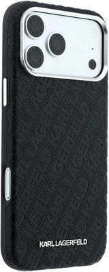Karl Lagerfeld Grained Allover Logo Metal Elongated Case with MagSafe for iPhone 17/18 Pro 6.3" Black - KLHMP18LPSKLFOFK