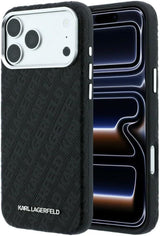 Karl Lagerfeld Grained Allover Logo Metal Elongated Case with MagSafe for iPhone 17/18 Pro 6.3" Black - KLHMP18LPSKLFOFK
