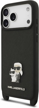 Karl Lagerfeld Saffiano Karl & Choupette Metal Pin Crossbody Strap Case for iPhone 17/18 Pro Max 6.9" Black - KLHCP18XSAKCPBK