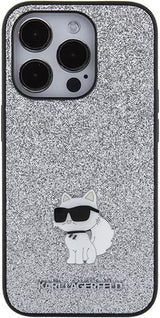 Karl Lagerfeld Fixed Glitter Choupette Logo Metal Pin Hard Case for iphone 15 Pro 6.1" Silver - KLHCP15LGCNPSG