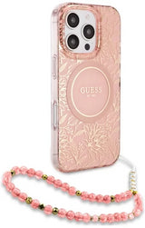 Guess IML Flowers Allover Electro and Pearl Strap Case with MagSafe for iPhone 16 Pro 6.3" Pink - GUHMP16LHCPOFPP