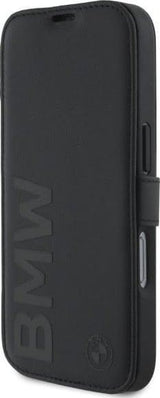 BMW Signature Leather Wordmark Bookcase for iPhone 16 Pro 6.3" Black - BMBKP16L23RMRLK