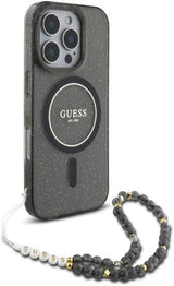 Guess IML Glitter With Pearl Strap MagSafe Case for iPhone 16 Pro Max 6.9" Black - GUHMP16XHGCRELSK
