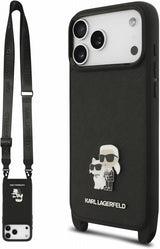 Karl Lagerfeld Saffiano Karl & Choupette Metal Pin Crossbody Strap Case for iPhone 17/18 Pro Max 6.9" Black - KLHCP18XSAKCPBK
