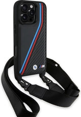 BMW M Series Carbon Tricolor Lines & Strap Case for iPhone 16 Pro 6.3" Black - BMHCP16L23PSVTK
