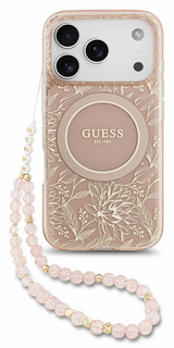 Guess IML Flowers Electro Pearl Strap MagSafe Case for iPhone 17/18 Pro 6.3" Pink - GUHMP18LHCPOFPP