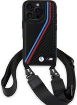 BMW M Series Carbon Tricolor Lines & Strap Case for iPhone 16 Pro 6.3" Black - BMHCP16L23PSVTK