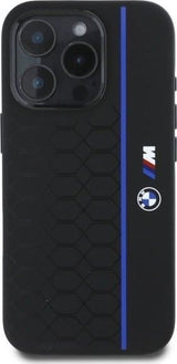 BMW M Series Silicone Hexagon Blue Line Case with MagSafe for iPhone 16 Pro 6.3" Black - BMHMP16L23SHEB