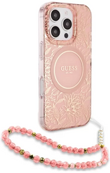 Guess IML Flowers Allover Electro and Pearl Strap Case with MagSafe for iPhone 16 Pro Max 6.9" Pink - GUHMP16XHCPOFPP
