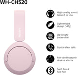 Sony WH-CH520 Over Ear Wireless Bluetooth Headphones Pink - WHCH520P.CE7