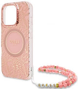 Guess IML Flowers Allover Electro and Pearl Strap Case with MagSafe for iPhone 16 Pro 6.3" Pink - GUHMP16LHCPOFPP