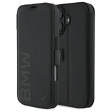 BMW Signature Leather Wordmark Bookcase for iPhone 16 6.1" Black - BMBKP16S23RMRLK