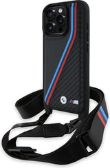 BMW M Series Carbon Tricolor Lines & Strap Case for iPhone 16 Pro 6.3" Black - BMHCP16L23PSVTK