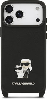 Karl Lagerfeld Saffiano Karl & Choupette Metal Pin Crossbody Strap Case for iPhone 17/18 Pro Max 6.9" Black - KLHCP18XSAKCPBK