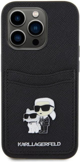 Karl Lagerfeld Saffiano Card Slot Karl & Choupette Metal Pin Case for iphone 15 Pro 6.1" Black - KLHCP15LSAPLCNPK
