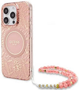 Guess IML Flowers Allover Electro and Pearl Strap Case with MagSafe for iPhone 16 Pro 6.3" Pink - GUHMP16LHCPOFPP