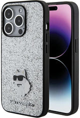 Karl Lagerfeld Fixed Glitter Choupette Logo Metal Pin Hard Case for iphone 15 Pro 6.1" Silver - KLHCP15LGCNPSG