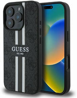 Guess Leather 4G Printed Stripes Hardcase with MagSafe for iphone 16 Pro 6.3" Black - GUHMP16LP4RPSK