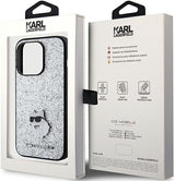 Karl Lagerfeld Fixed Glitter Choupette Logo Metal Pin Hard Case for iphone 15 Pro 6.1" Silver - KLHCP15LGCNPSG