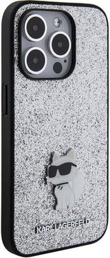 Karl Lagerfeld Fixed Glitter Choupette Logo Metal Pin Hard Case for iphone 15 Pro 6.1" Silver - KLHCP15LGCNPSG