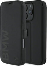 BMW Signature Leather Wordmark Bookcase for iPhone 16 Pro 6.3" Black - BMBKP16L23RMRLK