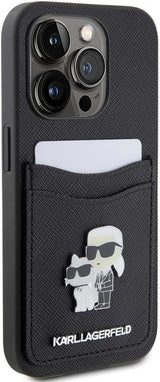 Karl Lagerfeld Saffiano Card Slot Karl & Choupette Metal Pin Case for iphone 15 Pro 6.1" Black - KLHCP15LSAPLCNPK