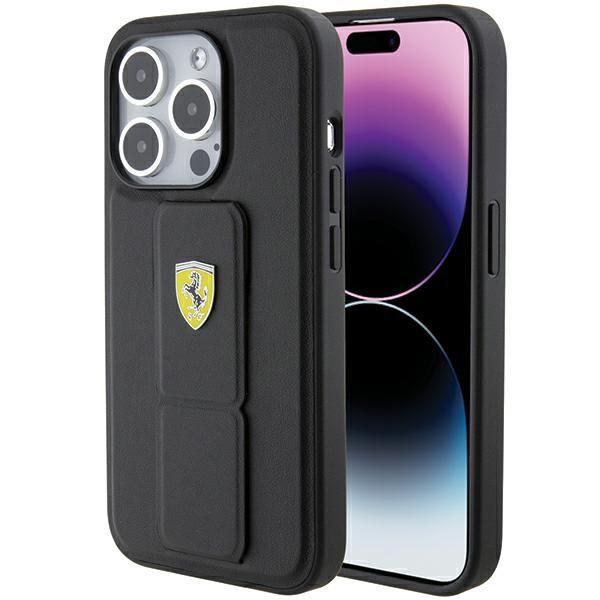 Ferrari Hard Case Grip Stand with Metal Logo for iphone 15 Pro Max 6.7" Black - FEHCP15XGSPSIK