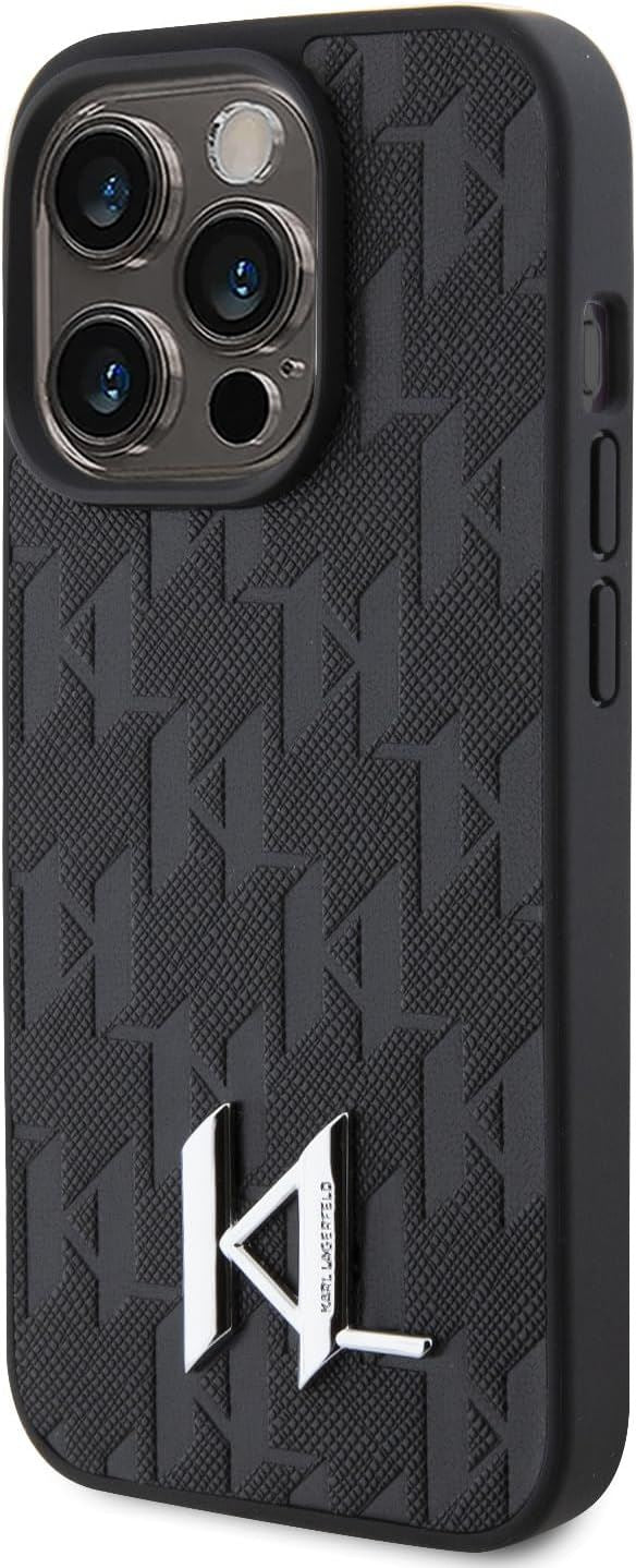 Karl Lagerfeld Leather Monogram Hot Stamp Metal Logo for iphone 15 Pro Max 6.7" Black - KLHCP15XPKLPKLK