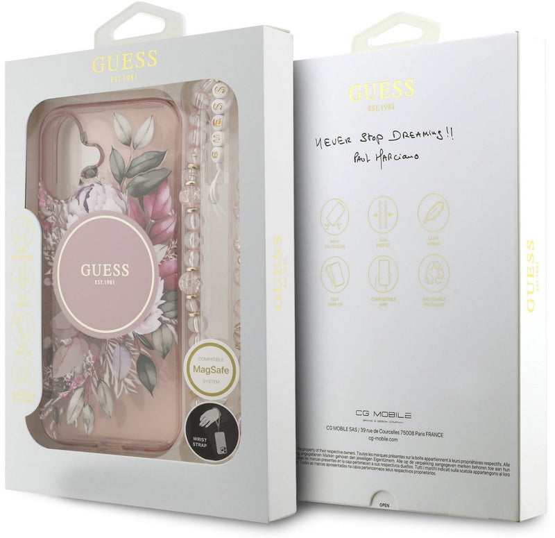 Guess IML Flowers Strap Case with MagSafe for iPhone 17 6.3" Pink - GUHMP17SHFWBRCESP