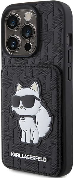 Karl Lagerfeld Saffiano Card Slots and Stand Monogram Choupette Case for iPhone 15 Pro Max 6.7" Black - KLHCP15XSAKCNSCK
