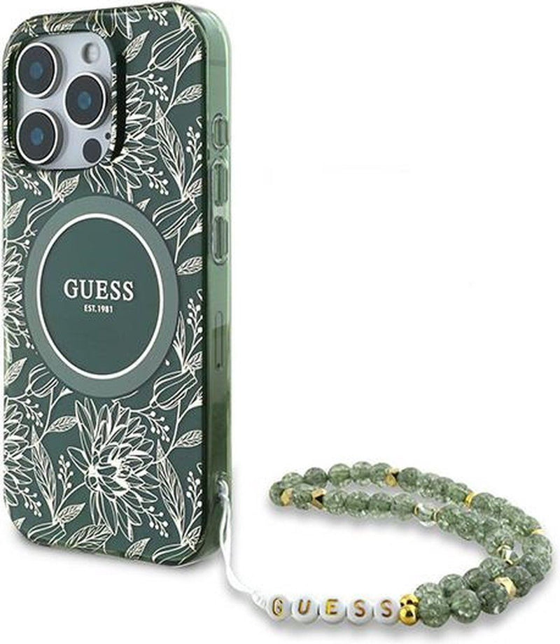 Guess IML Flowers Allover Electro and Pearl Strap Case with MagSafe for iPhone 16 Pro 6.3" Green - GUHMP16LHCPOFPA