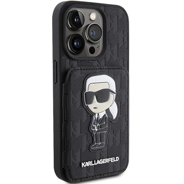Karl Lagerfeld Saffiano Cardslots and Stand Monogram Ikonik Patch Case for iPhone 15 Pro Max 6.7" Black - KLHCP15XSAKKNSCK