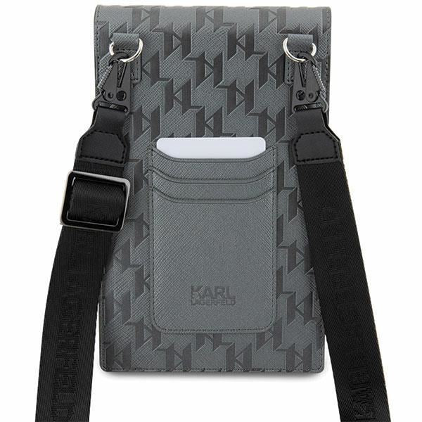 Karl Lagerfeld Saffiano Monogram Plaque Universal Phone Pouch with Strap Silver - KLWBSSAMSMG