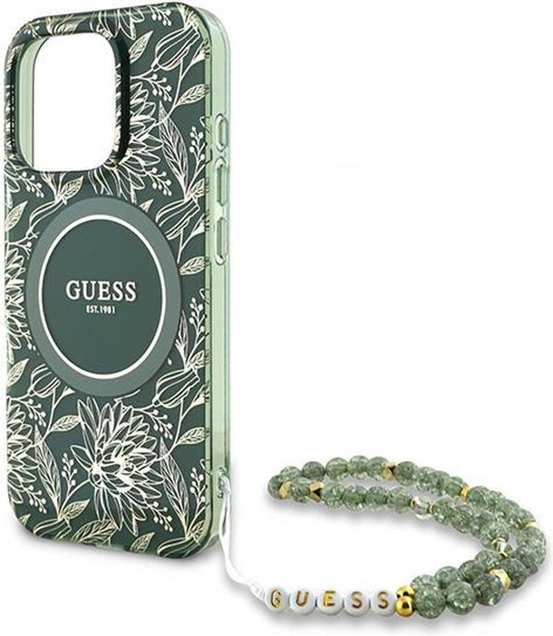 Guess IML Flowers Allover Electro and Pearl Strap Case with MagSafe for iPhone 16 Pro 6.3" Green - GUHMP16LHCPOFPA
