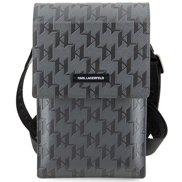 Karl Lagerfeld Saffiano Monogram Plaque Universal Phone Pouch with Strap Silver - KLWBSSAMSMG