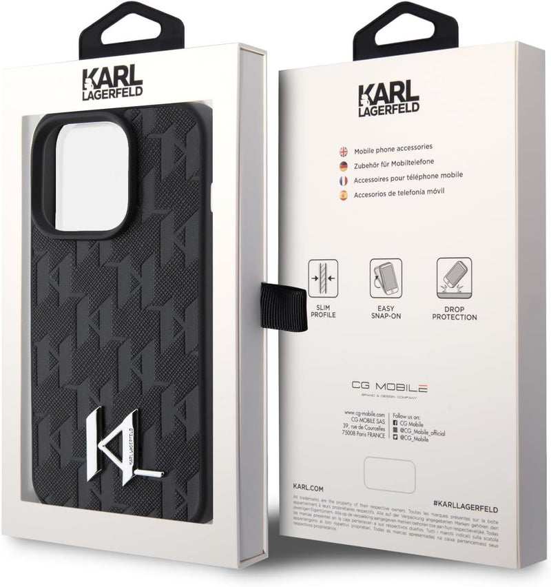 Karl Lagerfeld Leather Monogram Hot Stamp Metal Logo for iphone 15 Pro Max 6.7" Black - KLHCP15XPKLPKLK