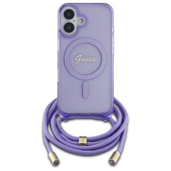 Guess Crossbody Cord Script Case with MagSafe for iPhone 16 6.1" Purple - GUHMP16SHCTSGNSU