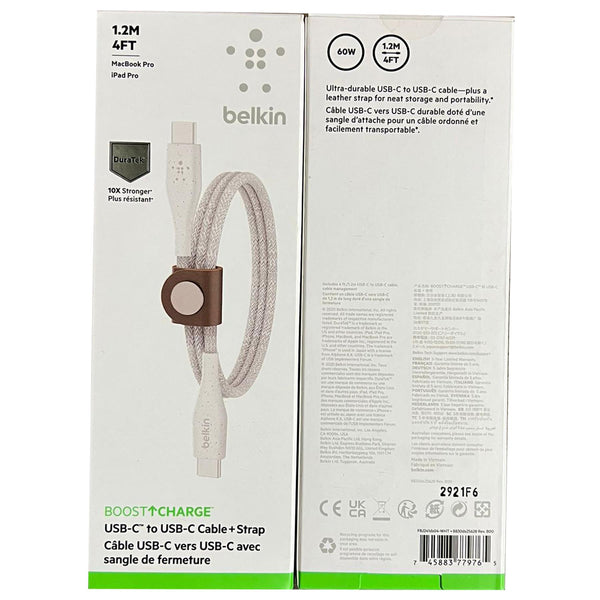 Belkin Boost Charge 1.2M 60W USB C to USB C Cable with Strap White - F8J241ds04-WHT