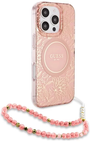 Guess IML Flowers Allover Electro and Pearl Strap Case with MagSafe for iPhone 16 Pro 6.3" Pink - GUHMP16LHCPOFPP