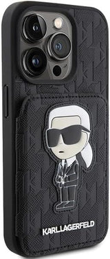 Karl Lagerfeld Saffiano Cardslot with Stand Monogram Ikonik Patch Case for iphone 15 Pro 6.1" Black - KLHCP15LSAKKNSCK