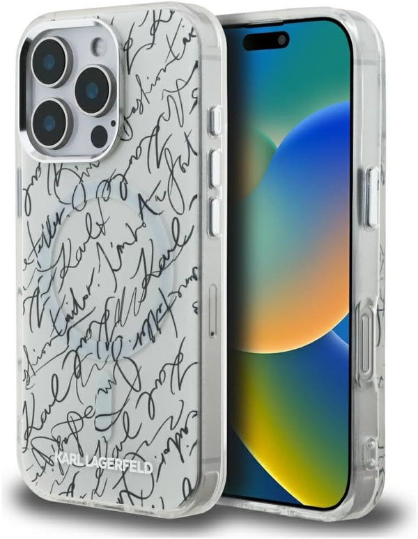 Karl Lagerfeld IML Karl Script Pattern with MagSafe Case for iPhone 16 Pro 6.3" White - KLHMP16LHMSPUSH