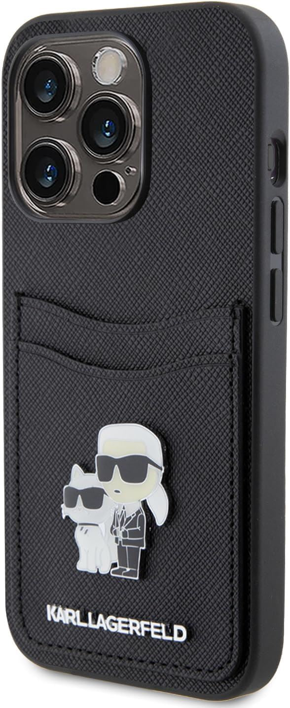 Karl Lagerfeld Saffiano Card Slot KC Metal Pin Hard Case for iphone 15 Pro Max 6.7" Black - KLHCP15XSAPKCNPK