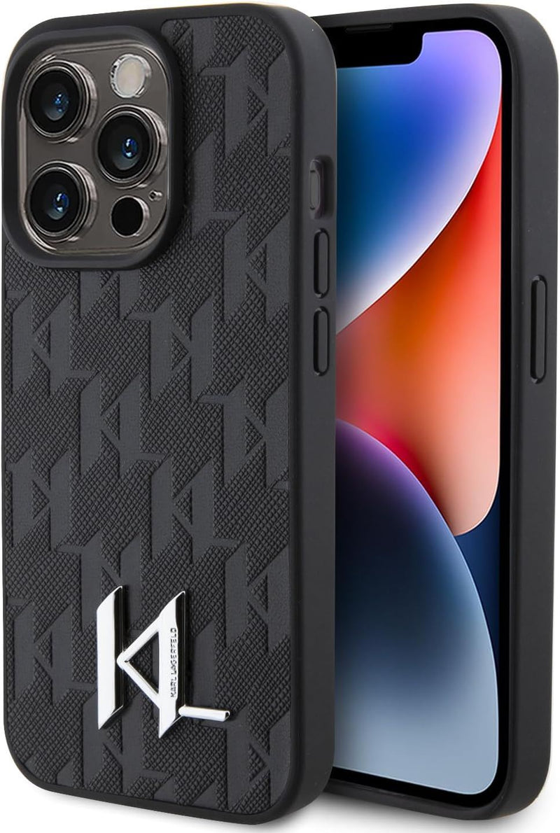 Karl Lagerfeld Leather Monogram Hot Stamp Metal Logo for iphone 15 Pro Max 6.7" Black - KLHCP15XPKLPKLK