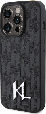 Karl Lagerfeld Leather Monogram Hot Stamp Metal Logo for iphone 15 Pro 6.1" Black - KLHCP15LPKLPKLK