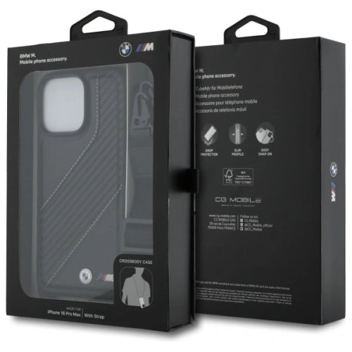 BMW M Series Carbon Stripe & Strap Case for iPhone 16 Pro Max 6.9" Black - BMHCP16X23PSCCK