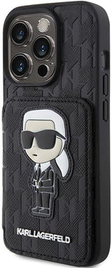 Karl Lagerfeld Saffiano Cardslot with Stand Monogram Ikonik Patch Case for iphone 15 Pro 6.1" Black - KLHCP15LSAKKNSCK