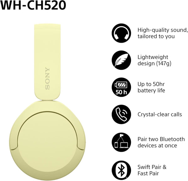 Sony WH-CH520 Over Ear Wireless Bluetooth Headphones Yellow - WHCH520Y.CE7