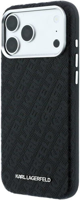 Karl Lagerfeld Grained Allover Logo Metal Elongated Case with MagSafe for iPhone 17/18 Pro Max 6.9" Black - KLHMP18XPSKLFOFK