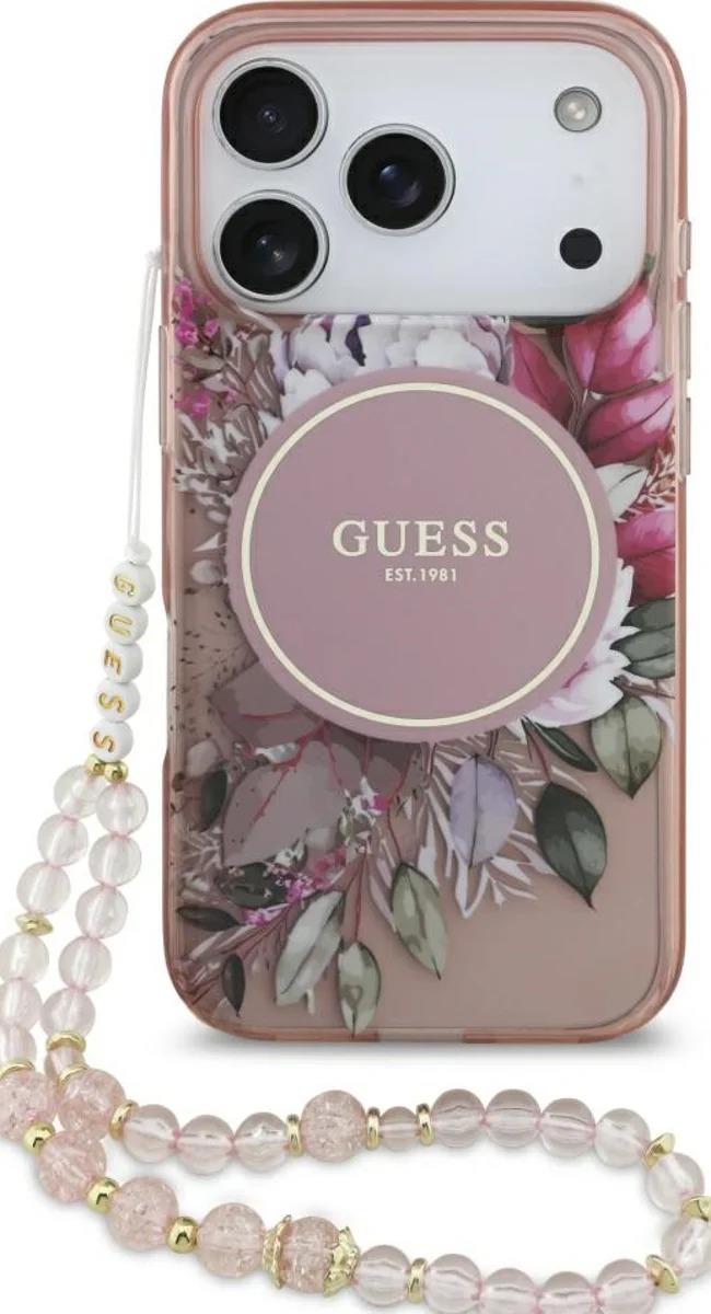Guess IML Flowers Strap Case with MagSafe for iPhone 17 Pro 6.3" Pink - GUHMP17LHFWBRCESP